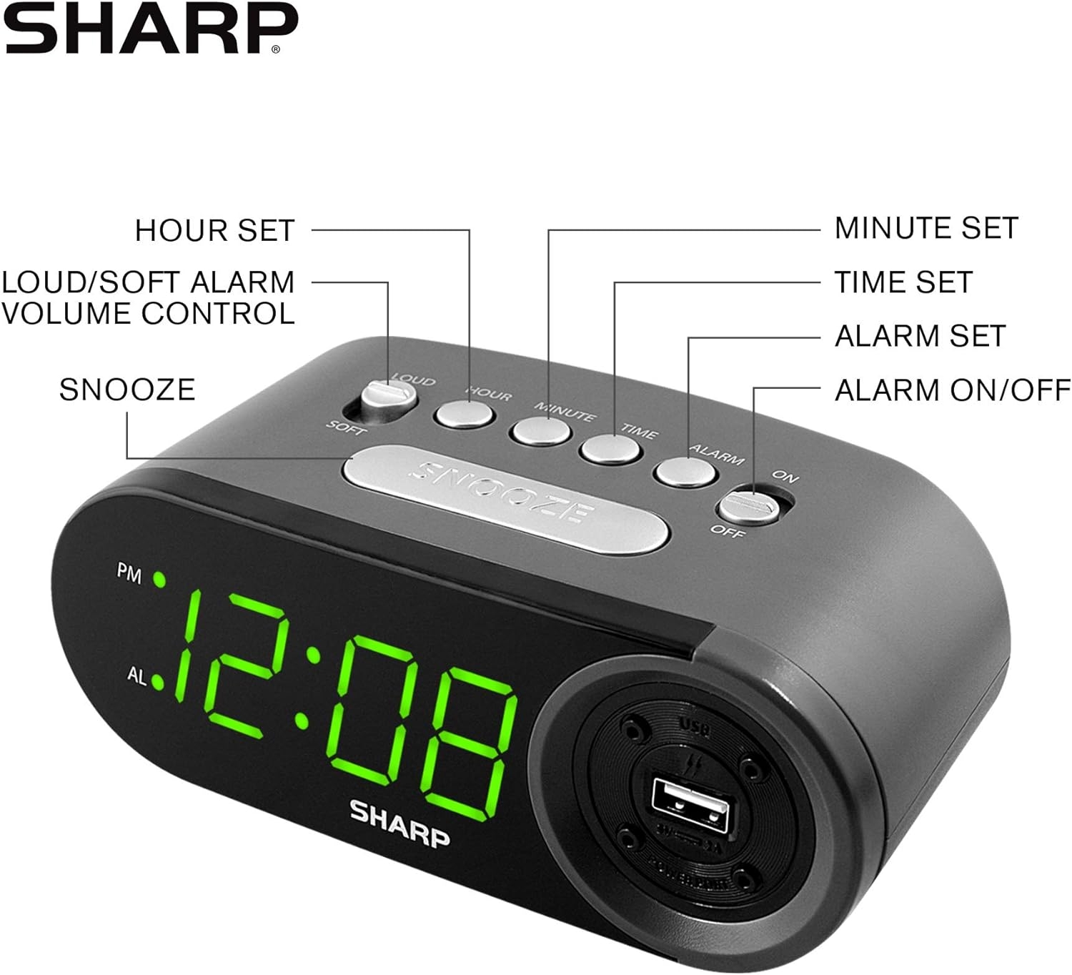 SHARP Digital Easy to Read Alarm Clock with 2 AMP High-Speed USB Charging Power Port - Charge Your Phone, Tablet with a high Speed Charge! Simple, Easy to Use Operation, Black – Green LEDs