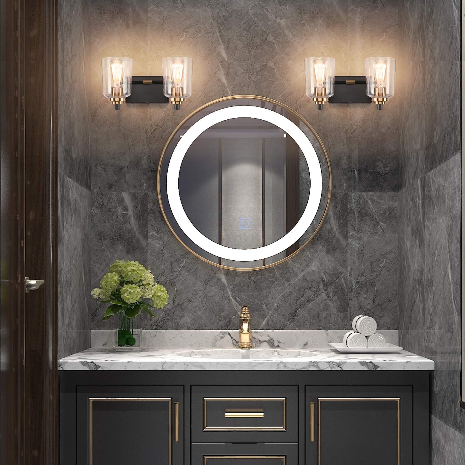 SOLFART Vintage Wall Bathroom Vanity Light Black Metal with Clear Glass Bronze Fixtures Wall Mount Lighting Sconce (2 Lights)