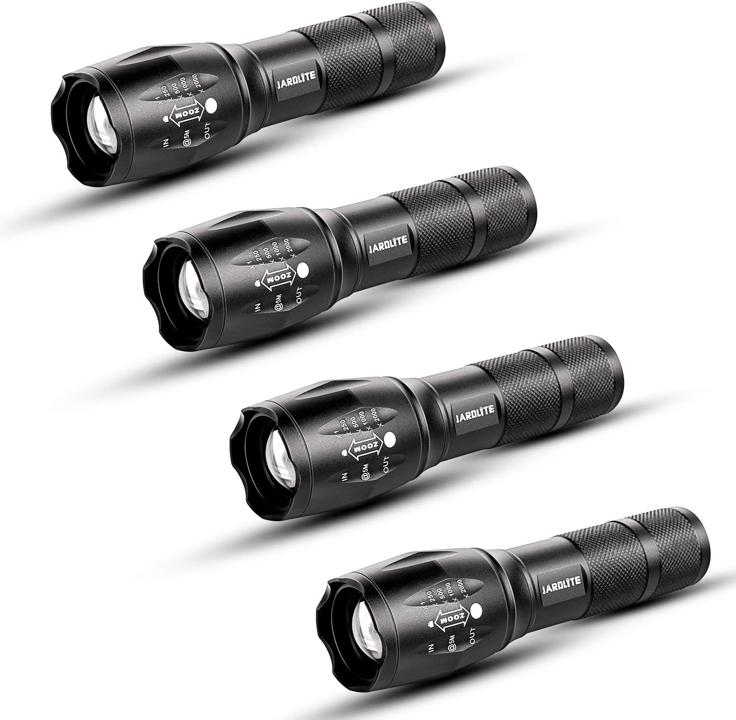 LED Emergency Handheld Flashlight, 4 Pack, Adjustable Focus, Water Resistant with 5 Modes, Best Tactical Torch for Hurricane, Dog Walking, Camping