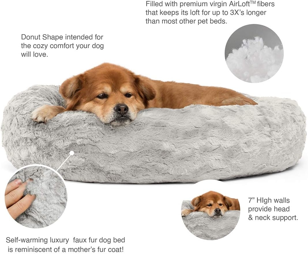 Best Friends by Sheri The Original Calming Donut Cat and Dog Bed in Lux Fur, Machine Washable Removable Zipper Cover, Orthopedic Relief, for Pets up to 45 lbs. - Medium 30"X30" in Gray