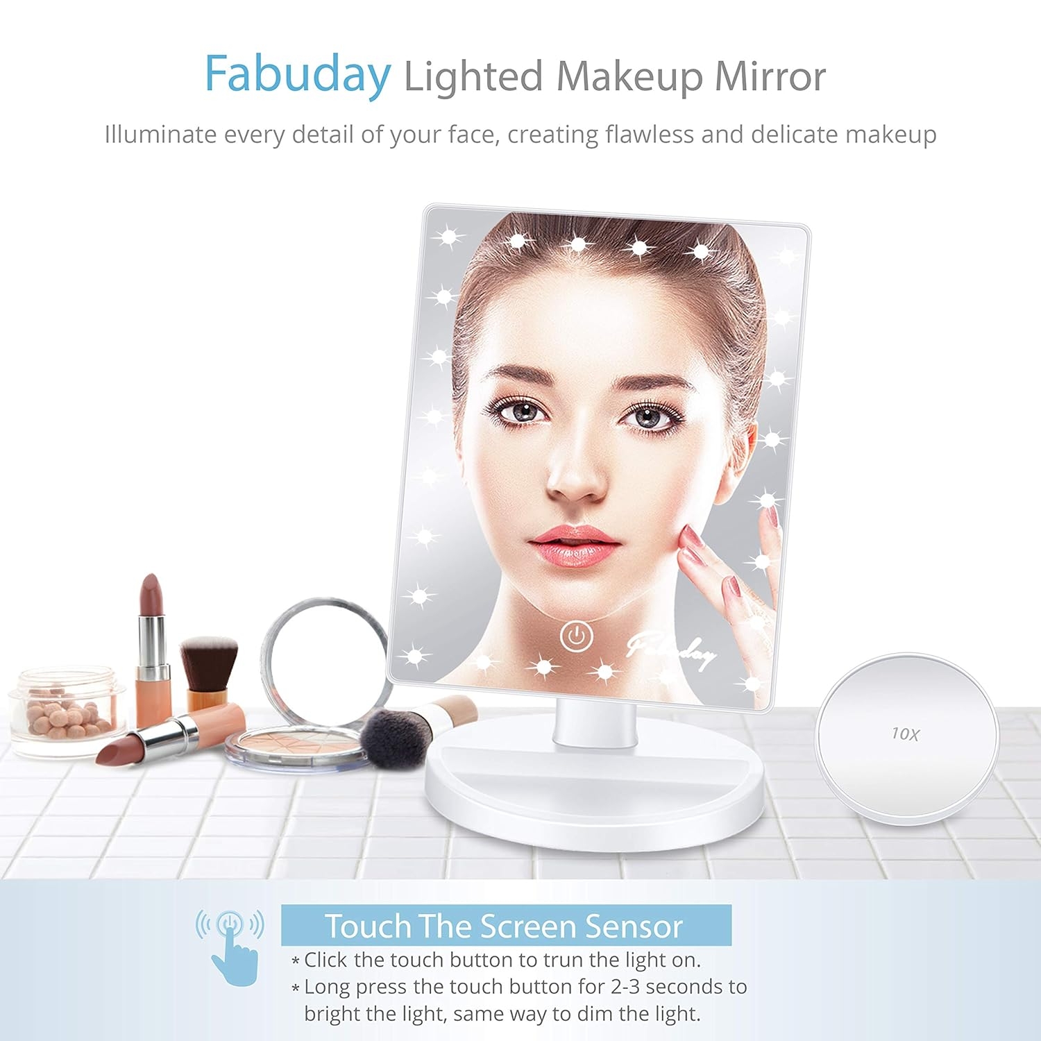 Fabuday Makeup Mirror with Lights - Lighted Makeup Mirror with Detachable 10X Magnification, Light Up Mirror Touch Screen and Light Adjustable, 180° Rotation, Powered by Battery, White