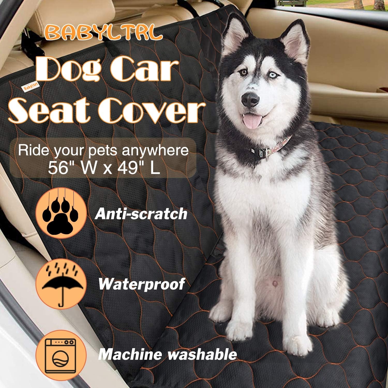 BABYLTRLL Dog Car Seat Cover Waterproof Pet Bench Seat Cover Nonslip and Heavy Duty Pet Car Seat Cover for Dogs with Universal Size Fits Cars, Trucks and SUVs (56" W x 49" L, Black)