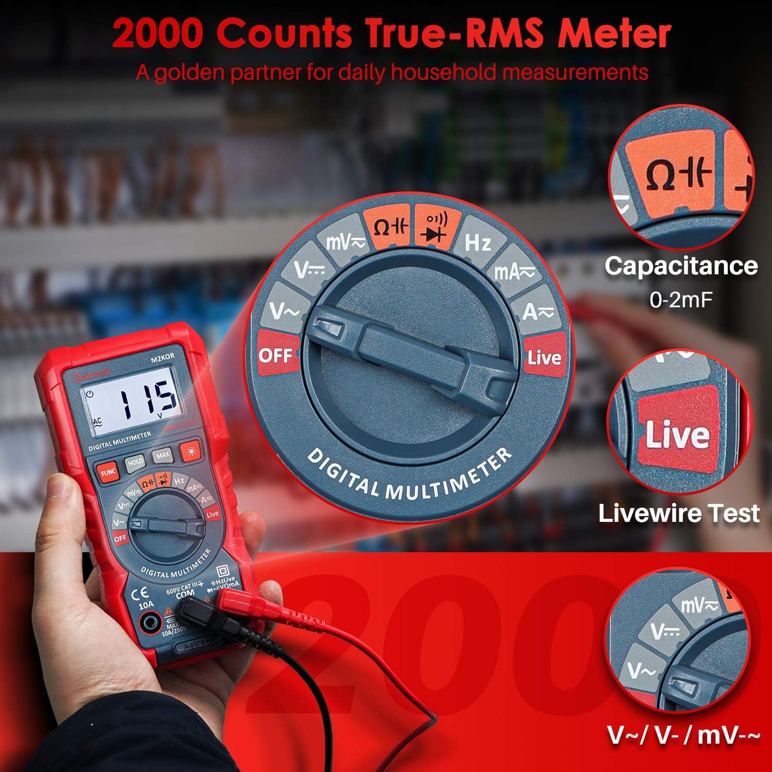 AstroAI Multimeter TRMS 2000 Counts Digital Multimeter with DC AC Voltmeter and Auto Ranging Tester ; Measures Voltage, Current, Capacitance; Tests Live Wire, Continuity