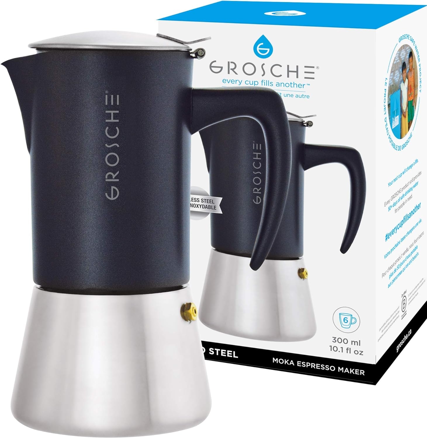GROSCHE Milano Steel 6 espresso cup Stainless Steel Stovetop Espresso Maker Moka pot - Cuban Coffee maker Italian Espresso Greca coffee maker for Induction gas or electric stoves