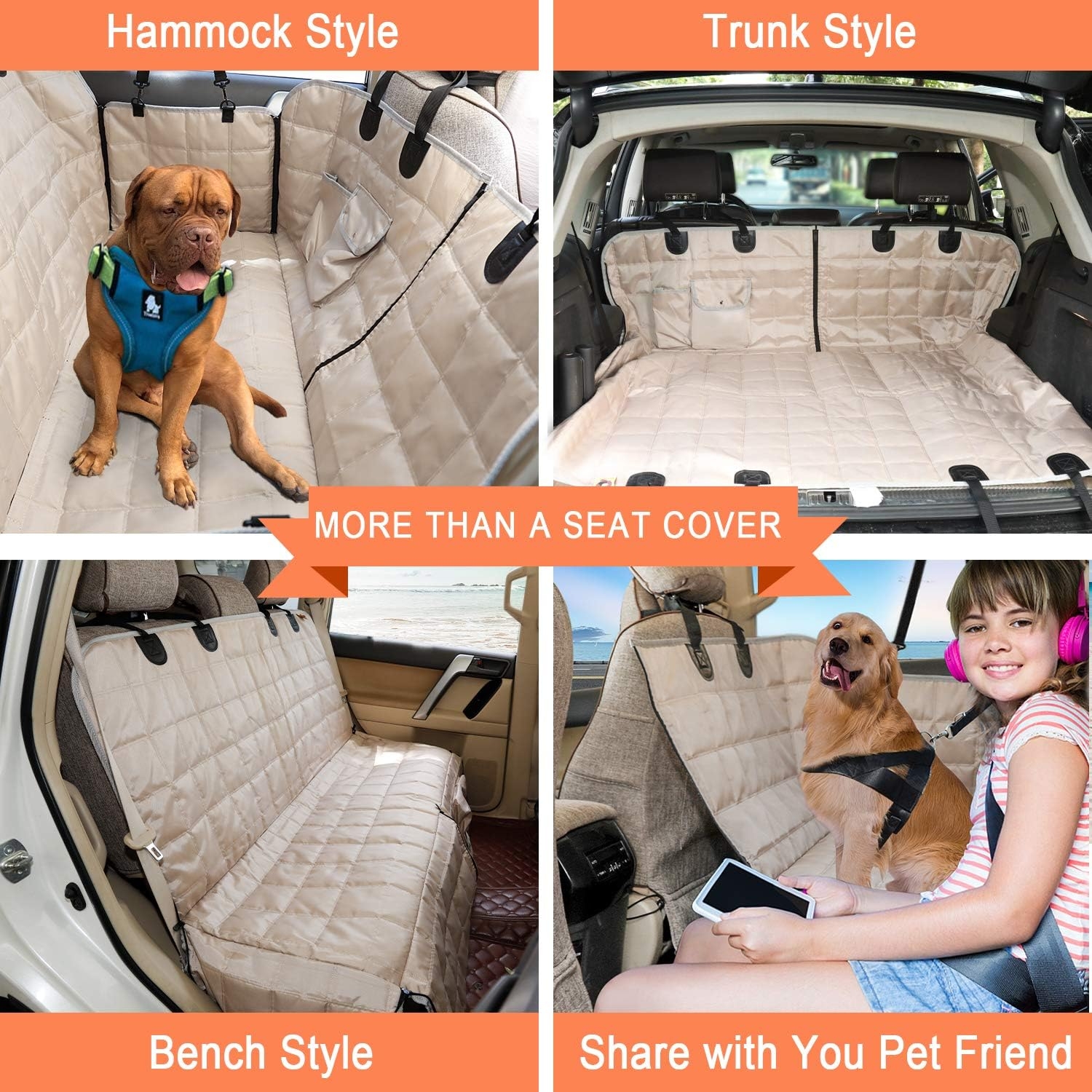 Bark Lover Deluxe Dog Seat Cover for Back Seat, More Durable Waterproof Hammock Protector High Heat Resistant and Nonslip BackSeats Cover, Durable Zippered Side Flaps Ensure Dog Travel Safety