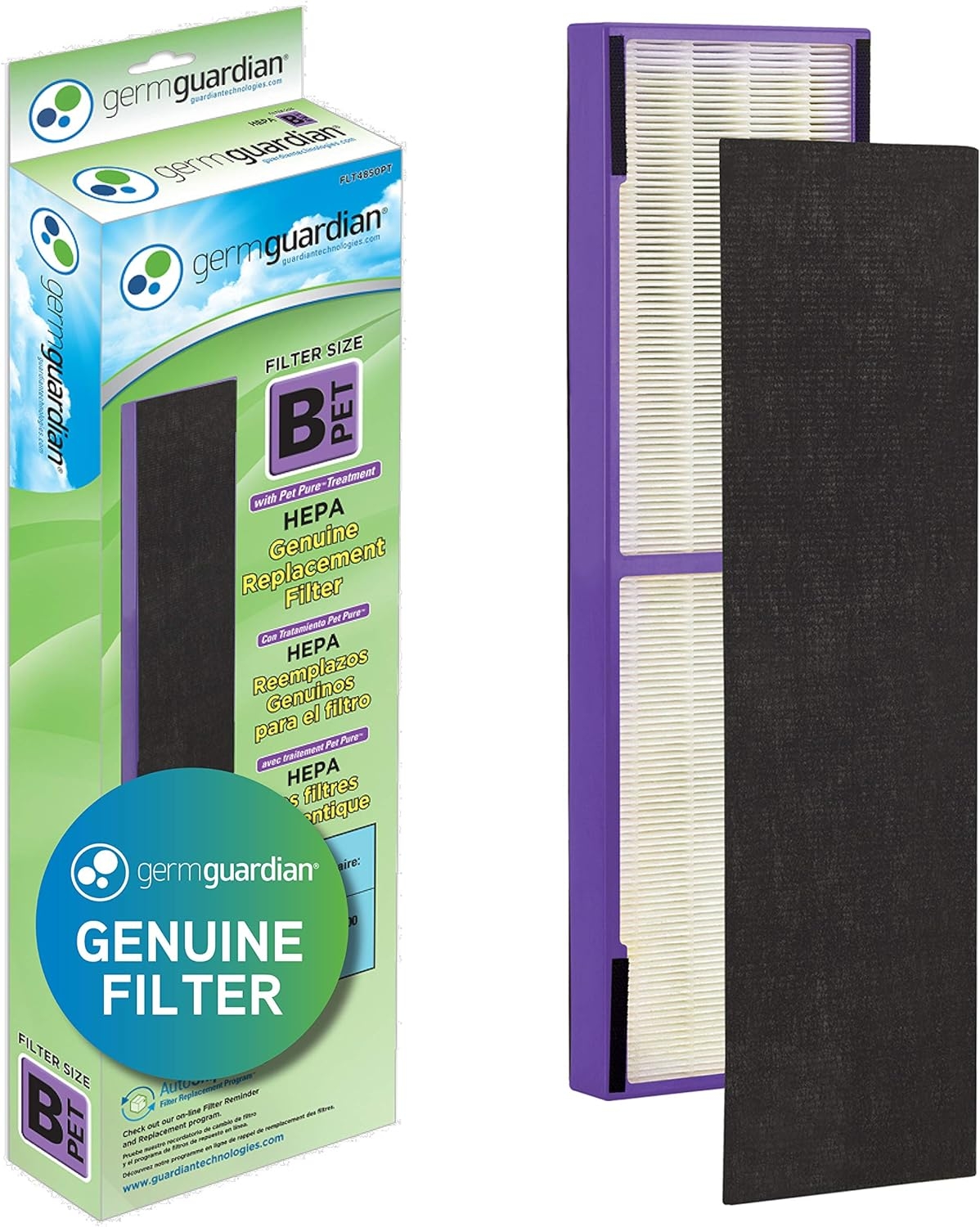 Germ Guardian FLT4850PT True HEPA Genuine Air Purifier Replacement Filter B, with Pet Pure Treatment for GermGuardian AC4900, AC4825, AC4850PT, CDAP4500, AC4300, and More, 1 Count (Pack of 1)