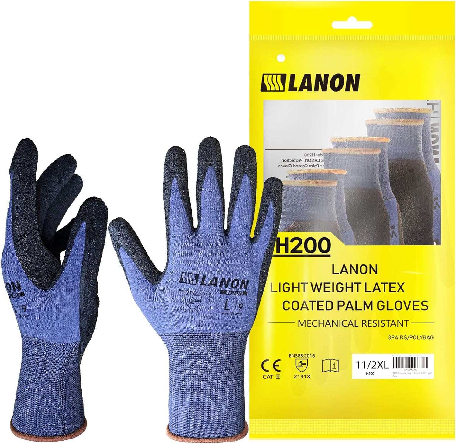LANON 3 Pairs Safety Work Gloves, 3D Seamless Elastic Fit, Nylon with Lycra Liner, Natural Rubber Crinkle Coating, Size 8