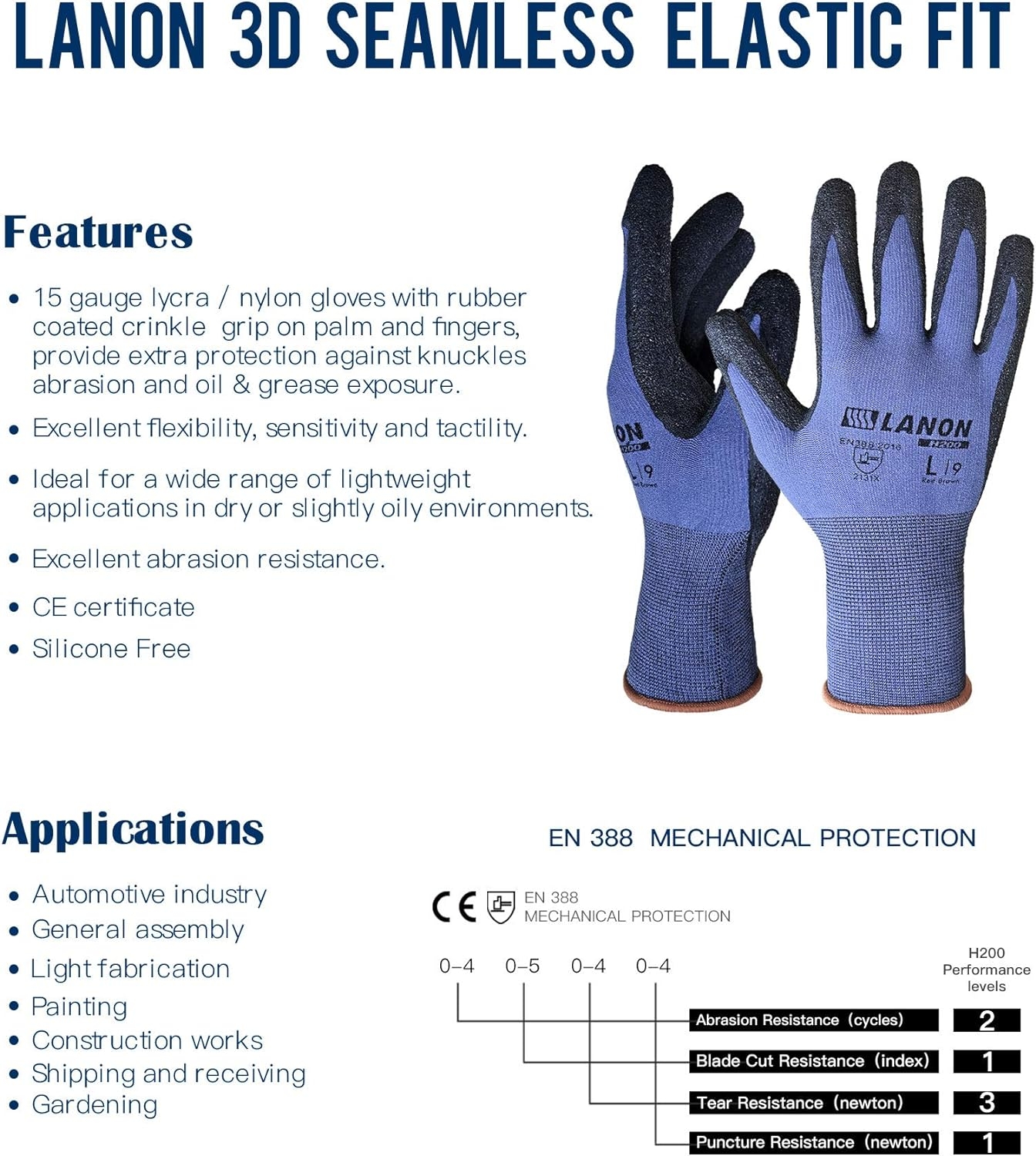 LANON 3 Pairs Safety Work Gloves, 3D Seamless Elastic Fit, Nylon with Lycra Liner, Natural Rubber Crinkle Coating, Size 8
