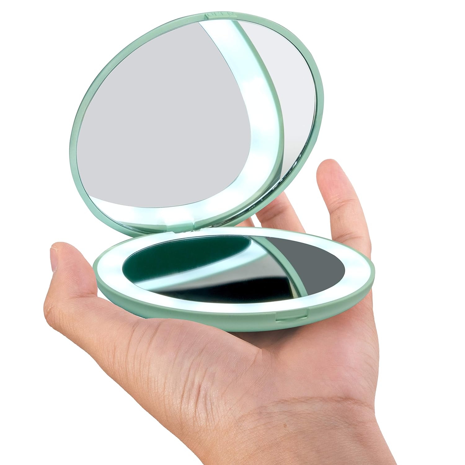 wobsion LED Lighted Travel Makeup Mirror, 1x/10x Magnification Compact Mirror, Portable for Handbag, Purse, Pocket, 3.5 inch Illuminated Folding Mirror, Handheld 2-Sided Mirror, Round, Cyan