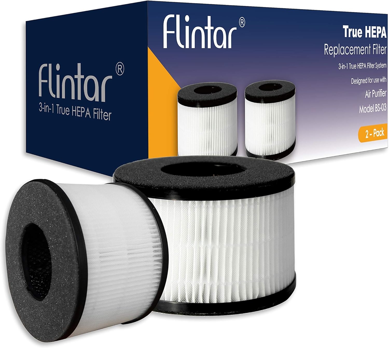 Flintar BS-03 3-in-1 H13 Grade True HEPA Replacement Filter, Compatible with BS-03 HEPA Air Purifier Part U, 2-Pack