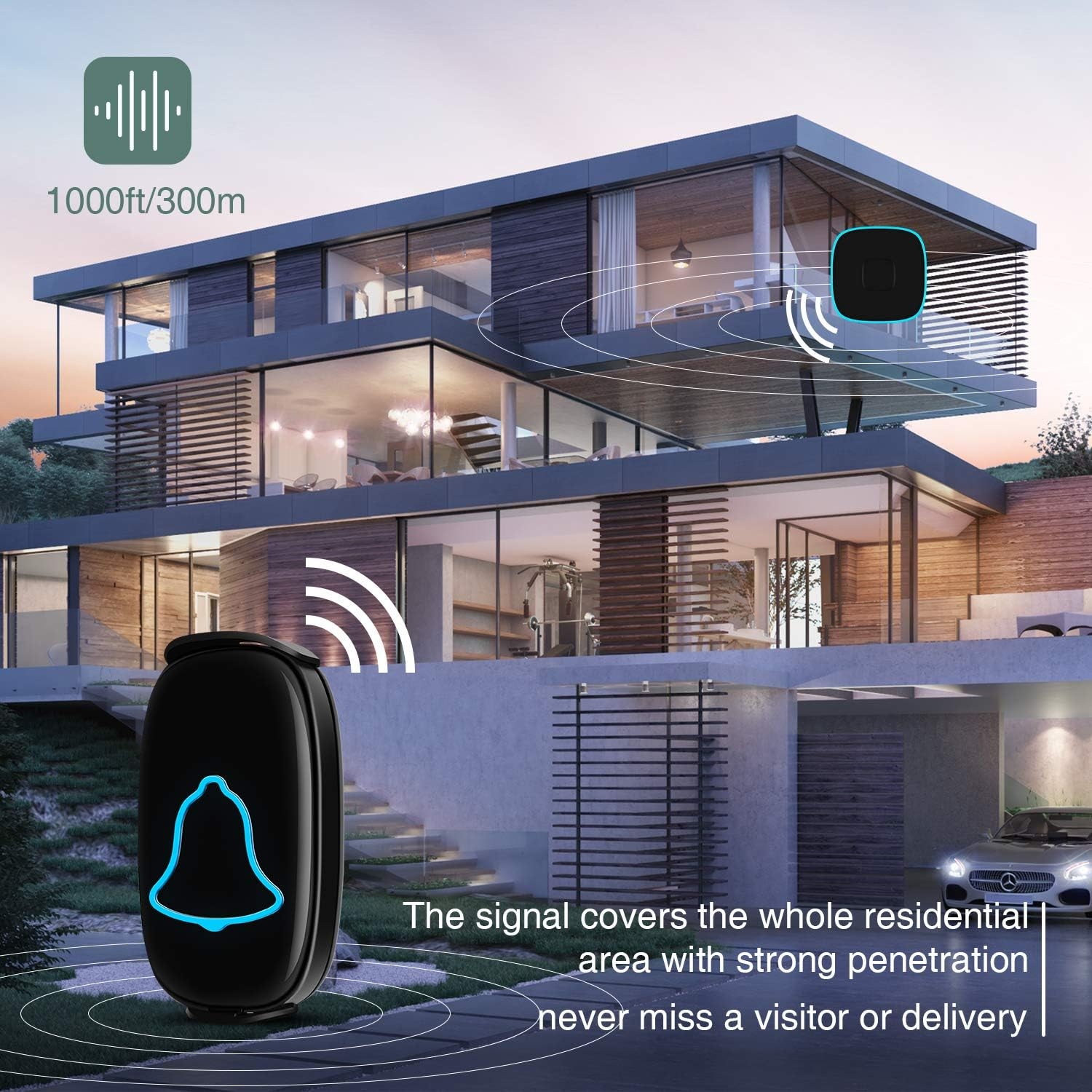 Wireless Doorbell, BO YING Waterproof Door Bell, Easy Install, Operating at 1000ft Range with 38 Melodies to Choose, Adjustable Volume and LED Flash,1 Push Button(Battery included)&1 Receiver,Black
