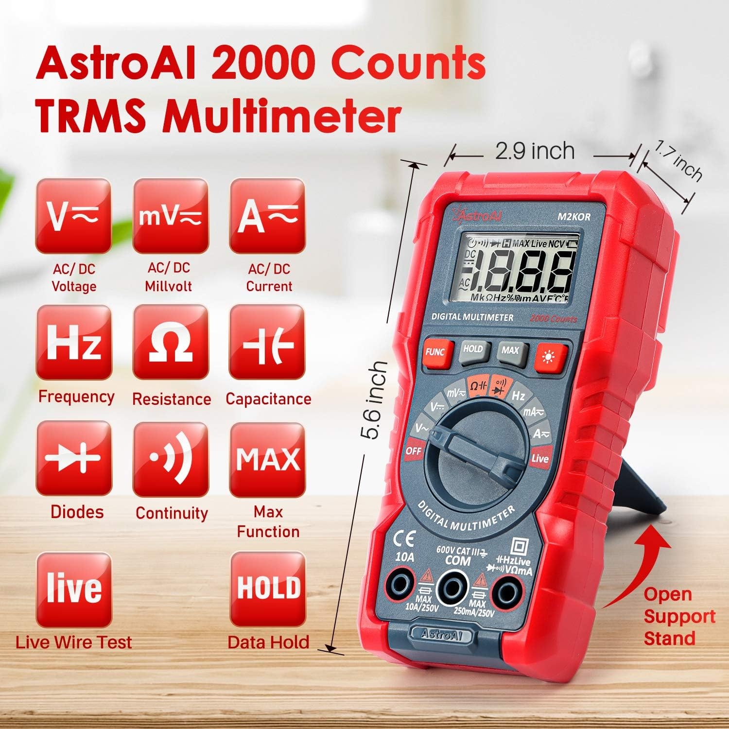 AstroAI Multimeter TRMS 2000 Counts Digital Multimeter with DC AC Voltmeter and Auto Ranging Tester ; Measures Voltage, Current, Capacitance; Tests Live Wire, Continuity