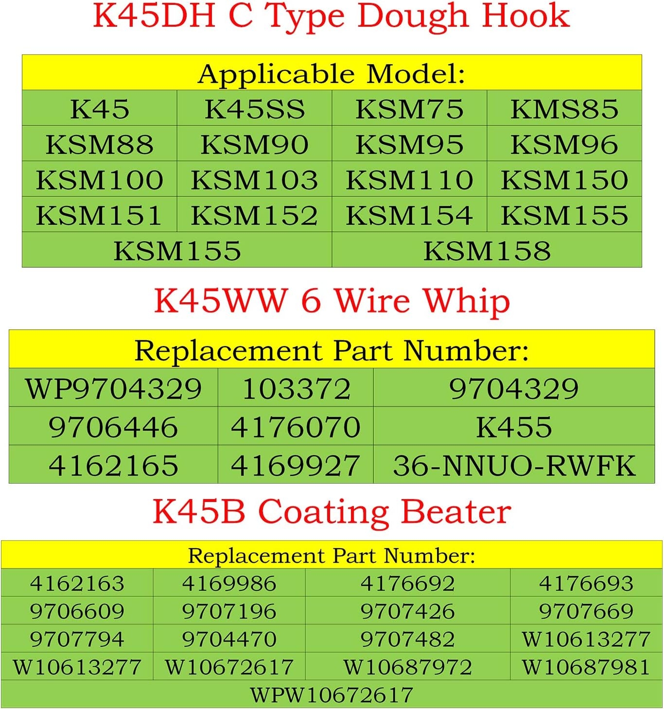 KSM150 Mixer Kit Includes K45WW&K45DH&K45B-K45DH Dough Hook,K45WW Wire Whip and K45B Coated Flat Beater, 3 Pieces Stand Mixers Repair Set Compatible with Kenmore, Roper, Replace